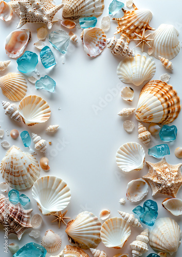 Assorted seashells and starfish frame on pale blue background with sea glass. Marine border design with copy space for summer concepts