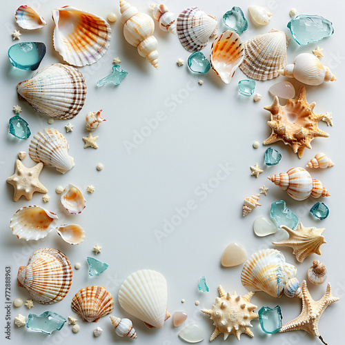 Assorted seashells and starfish frame on pale blue background with sea glass. Marine border design with copy space for summer concepts © Dmitry