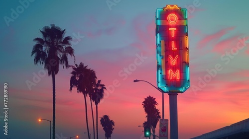 Neon-lit motel sign with palm trees against a twilight sky, capturing the vintage vibe of a classic American roadside.