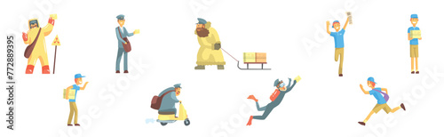 Postman Funny Character Delivering Post and Letters Vector Set