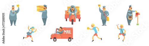 Postman Funny Character Delivering Post and Letters Vector Set