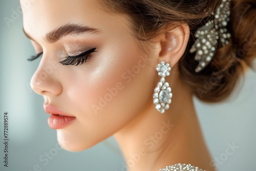 Elegant Woman with Stylish Earrings and Sophisticated Makeup in High End Fashion Portrait