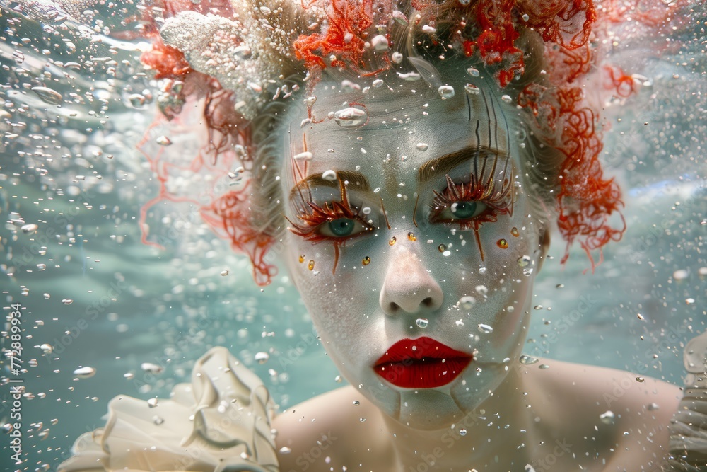 Surreal Underwater Portrait of Woman with Red Hair and Vibrant Makeup Surrounded by Bubbles