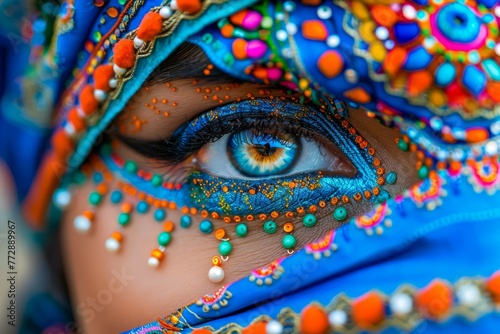 Vibrant Traditional Tribal Makeup on Woman's Eye with Beads and Paint Details in Colorful Cultural Costume