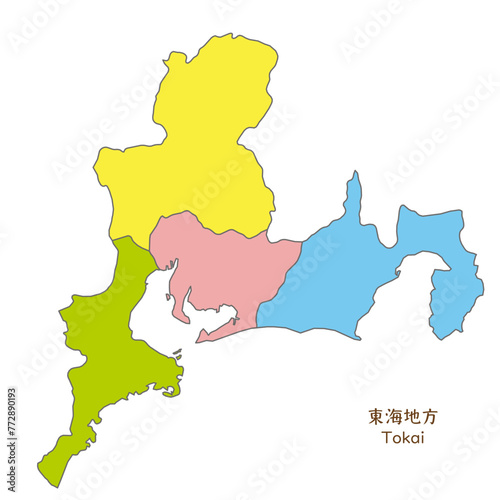 東海地方、東海地方の各県の地図、カラフルで明るい