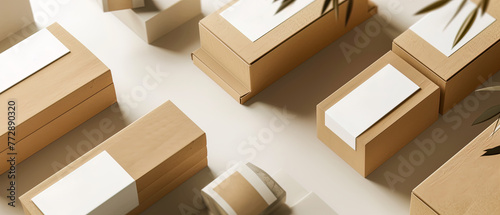 A row of cardboard boxes with white labels on them
