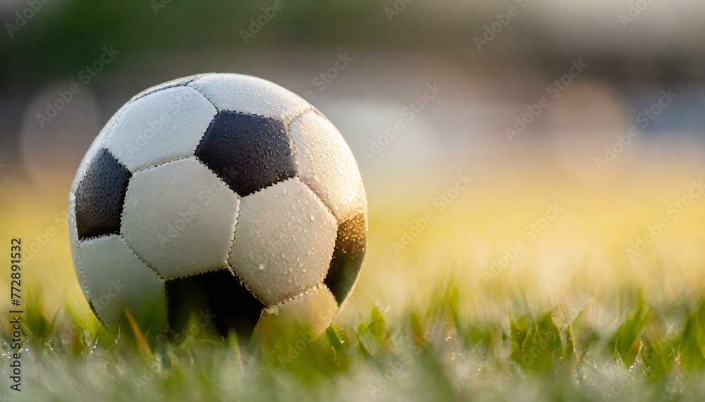 Fototapeta premium A rain-soaked soccer ball lies on the grass of the soccer field. close up