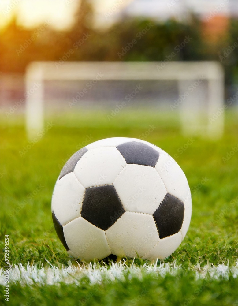 Fototapeta premium A soccer ball lying on the grass of a soccer field. close up