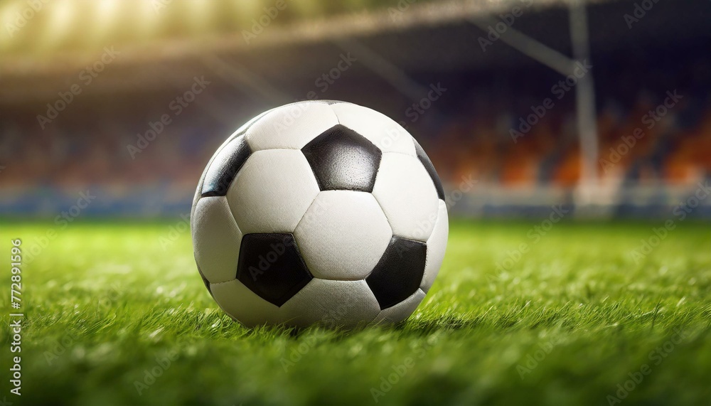 Obraz premium A soccer ball lying on the grass of a soccer stadium. close up