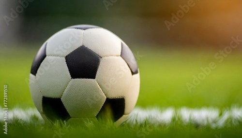 A soccer ball lying on the grass of a soccer field. close up