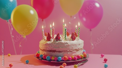 A birthday cake with balloons and candles  ready for a celebration  against a lively pink backdrop.