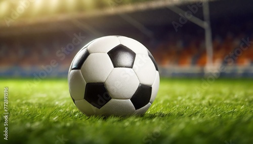 A soccer ball lying on the grass of a soccer stadium. close up