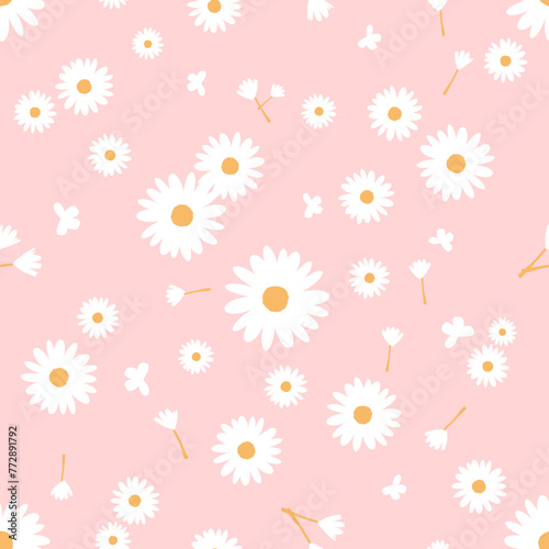 Seamless pattern with daisies and butterfly cartoons on pink backgrounds vector.