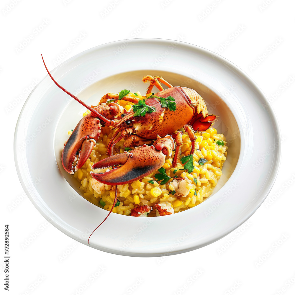 A luxurious white porcelain bowl containing a vibrant lobster risotto, rich with saffron and topped with a generous claw. A luxurious white porcelain bowl containing a vibrant lobster risotto, rich with saffron and topped with a generous claw.