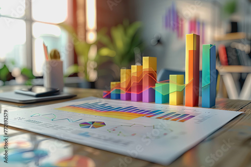 three dimensional mockup charts showing financial data and business growth.