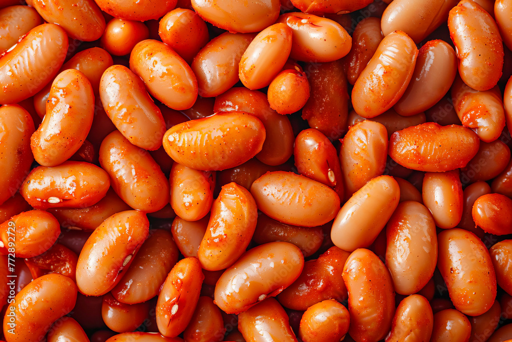 Close-up of spiced baked beans in tomato sauce. Close-up of spiced baked beans in tomato sauce.