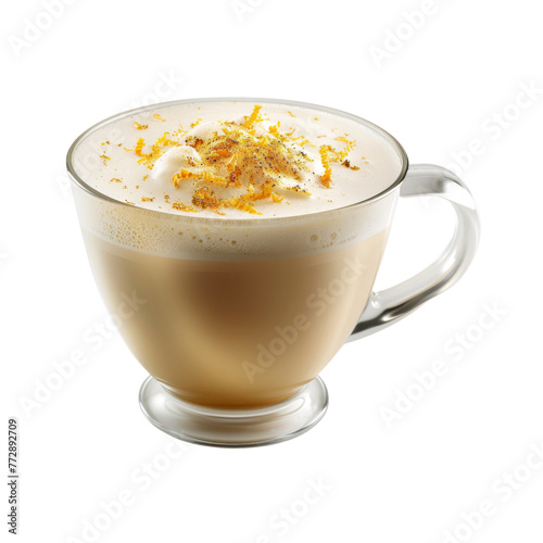 A refined cup of earl grey tea latte, with a frothy top sprinkled with bergamot zest. photo