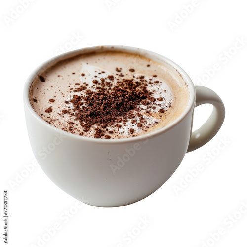 A white mug topped with hot chocolate and a generous sprinkle of cocoa powder.