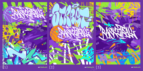 Cool Hip Hop Urban Street Art Graffiti Style Basketball Vector Illustration A4 Poster Template