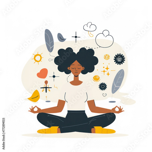 woman in yoga pose flat illustration. Afro-american woman meditating and visualize dreams icon. good mental health. Concept illustration for yoga, meditation, relax, recreation, healthy lifestyle