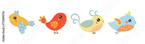 Cute Little Birdie with Colorful Feather Vector Set photo