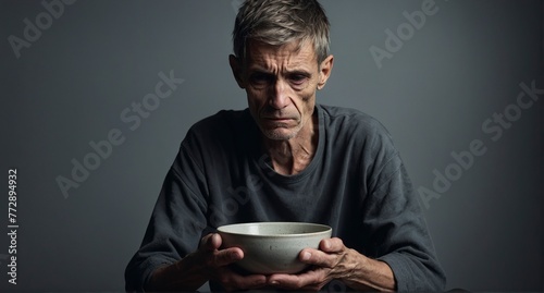 Sad and emaciated person holding an empty bowl