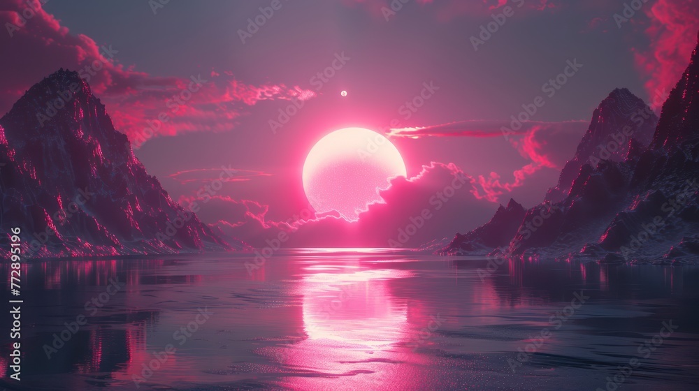 Sunset in synthwave style. Modern art