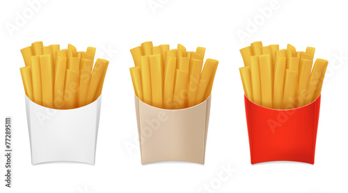 French fries in red, white, brown packaging, cartoon fry potato, fast food.