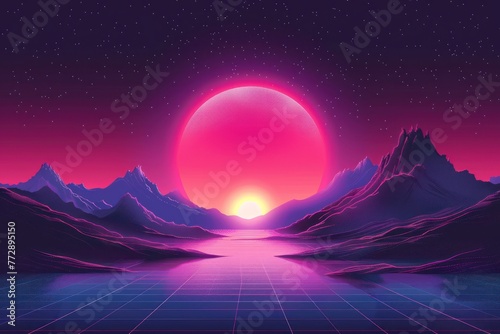 Sunset in synthwave style. Modern art