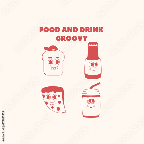 set cartoon retro fast food and drink, stickers groovy comic food vector characters vintage eating background with stickers quotes for menu cafe restaurant