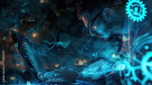 A man works at a laptop surrounded by digital effects and holograms