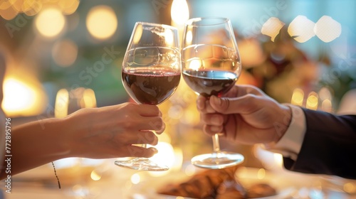 Couple's hands toasting with red wine in soft light