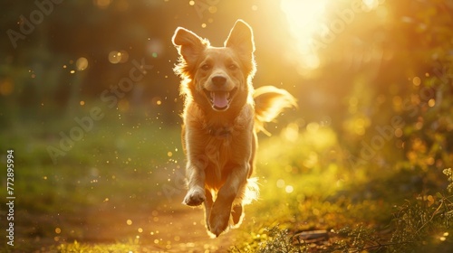 Happy dog running in sunlight across lush field, joyous.