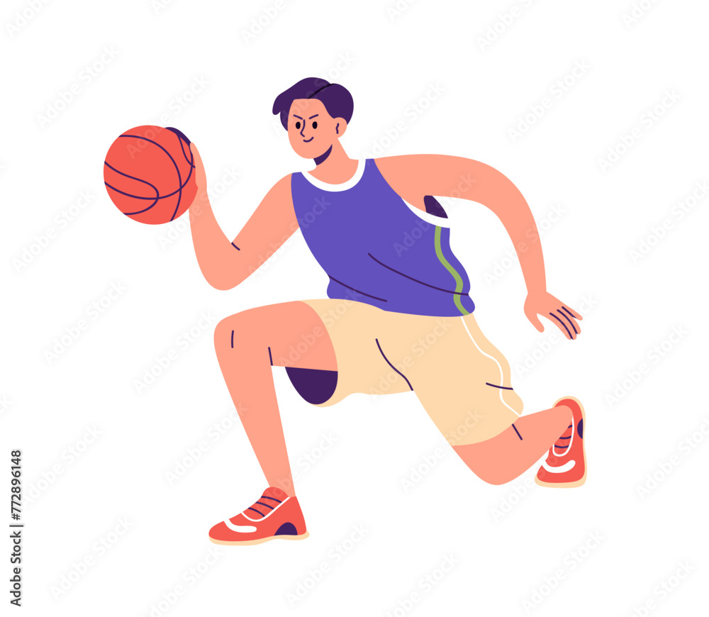 Basketball player. Man athlete playing sport game, dribbling ball. Male character, young active guy in action, training, exercising, workout. Flat vector illustration isolated on white background - obrazy, fototapety, plakaty 