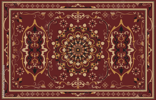 Red and gold carpet with abstract geometric and floral patterns.