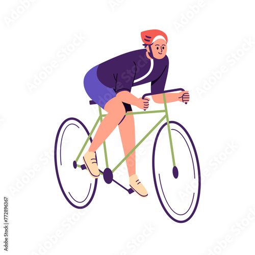 Biker riding bicycle. Cycling sport. Cyclist in helmet driving mountain bike. Athlete exercising at fast speed. Bicyclist in action. Flat graphic vector illustration isolated on white background