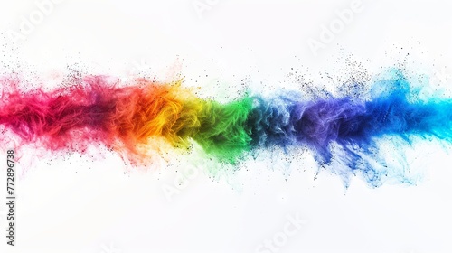 Explosion of colorful rainbow paint powder on a wide white background