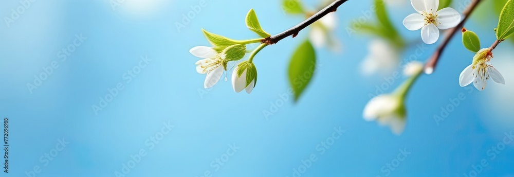 Fototapeta premium Banner with spring flowers on blue background.