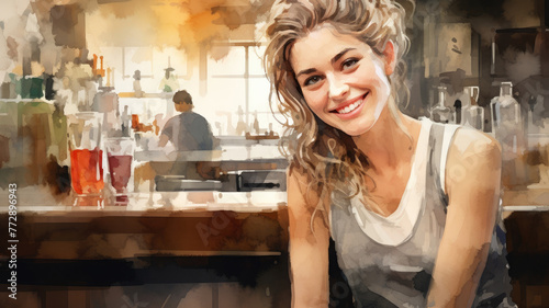 A female visitor of a bar or restaurant sits at the counter waiting for her order. Simple abstract illustrations in watercolor style.
