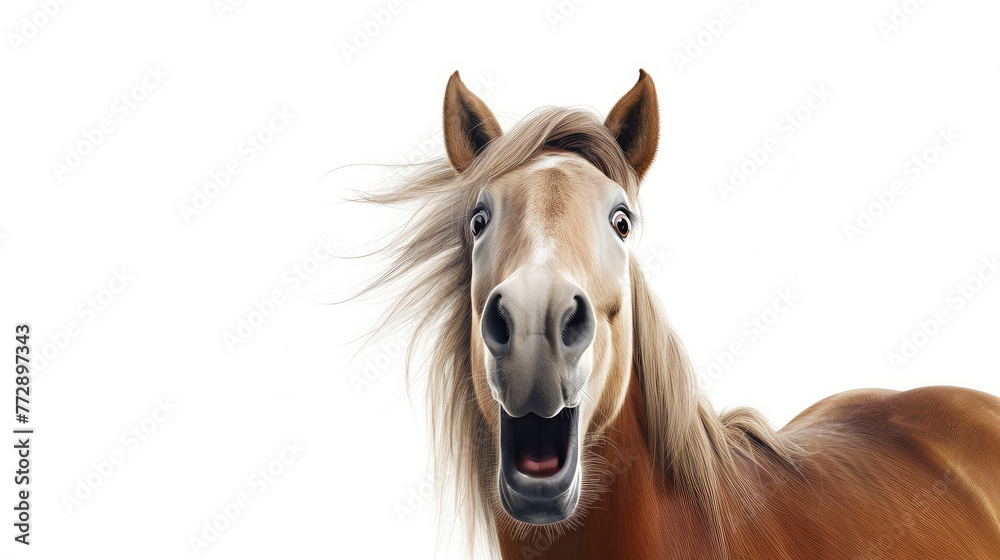 Obraz premium Surprised or shocked horse portrait on a white background. Blank space for product placement or advertising text.