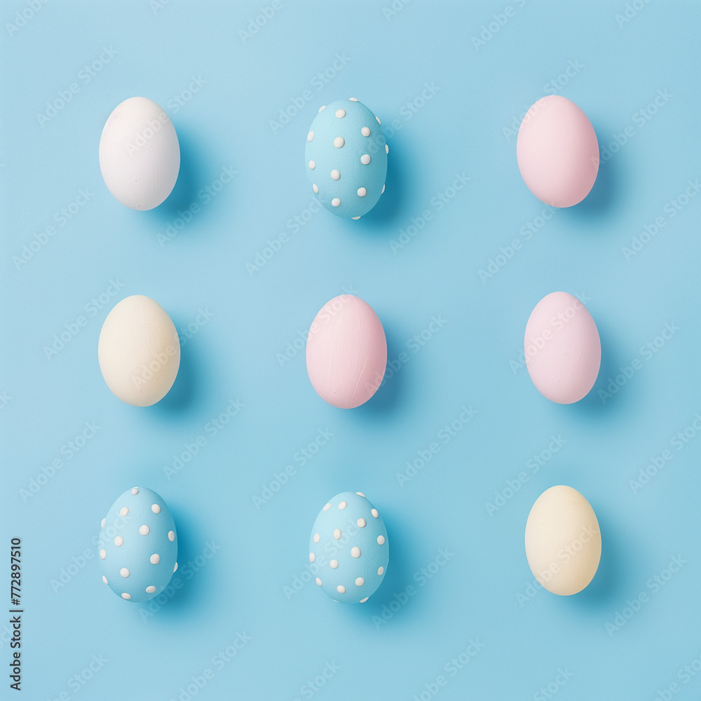 Set of pastel-colored Easter eggs with various patterns distributed evenly on a light blue background Set of pastel-colored Easter eggs with various patterns distributed evenly on a light blue background