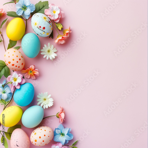 Assorted painted Easter eggs decorated with small flowers on a pink background  capturing the essence of spring