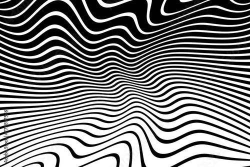 Wavy Lines Op Art Pattern with 3D Illusion Effect. Abstract Black and White Texture.