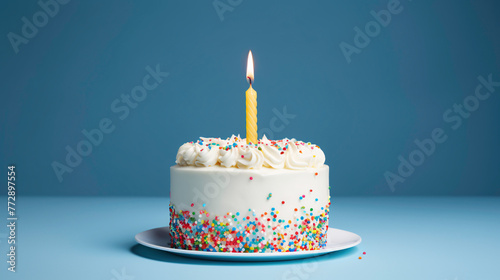 a white cake with a lit candle on top