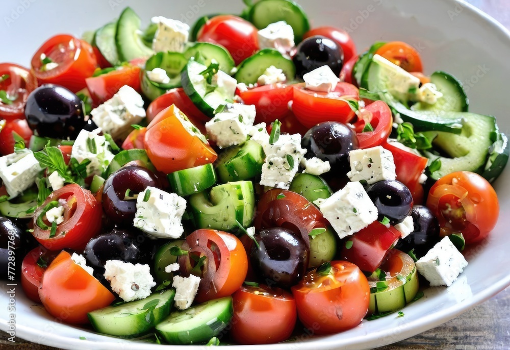 A simple salad made with fresh tomatoes, cucumbers, onions, bell peppers, olives, and feta cheese, dressed with olive oil and oregano