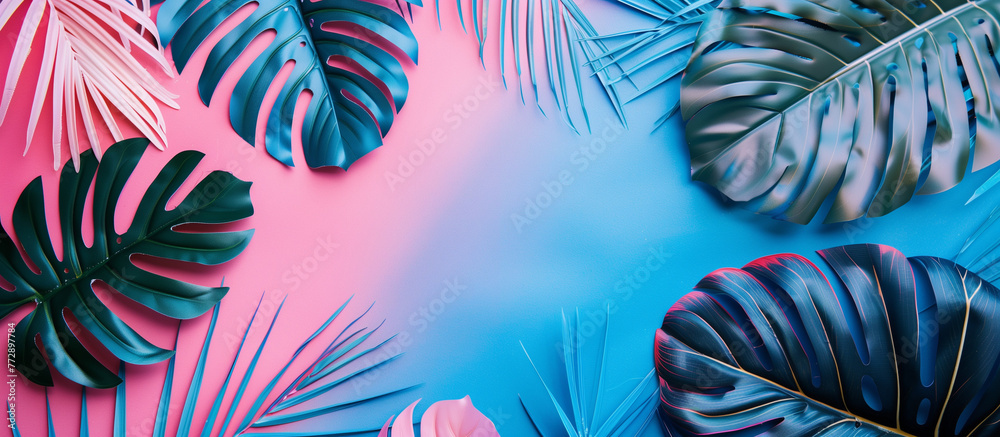 A colorful and dynamic image featuring tropical leaves artistically arranged on a gradient background, expressing freshness and creativity A colorful and dynamic image featuring tropical leaves artistically arranged on a gradient background, expressing freshness and creativity