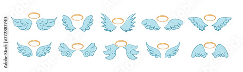 Angel winged glory halo cute cartoon drawings isolated on white background. Flying angel wings with a golden halo in flat style. Cartoon illustration.