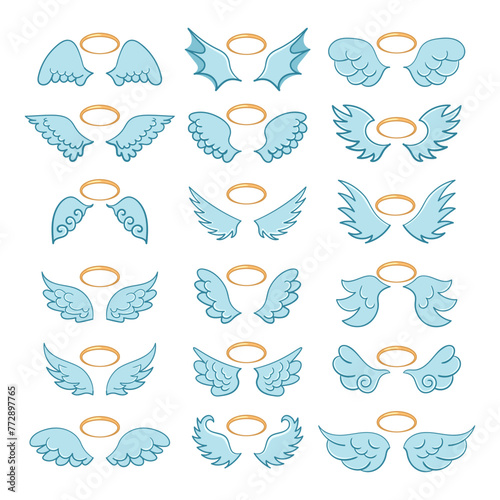 Angel winged glory halo cute cartoon drawings isolated on white background. Flying angel wings with a golden halo in flat style. Cartoon illustration. © Little Monster 2070