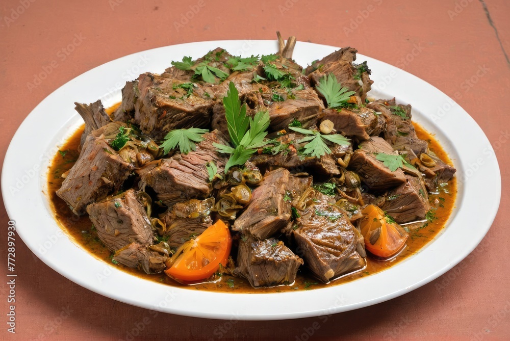 A traditional dish of slow-cooked lamb or goat, marinated with herbs and spices, often cooked in a clay oven until tender and flavorful A traditional dish of slow-cooked lamb or goat, marinated with herbs and spices, often cooked in a clay oven until tender and flavorful
