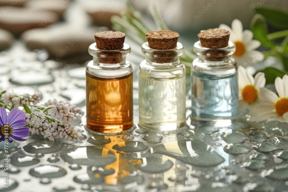 Three Bottles of Various Essential Oils with Chamomile Flowers on a Wet Wooden Table Surface
